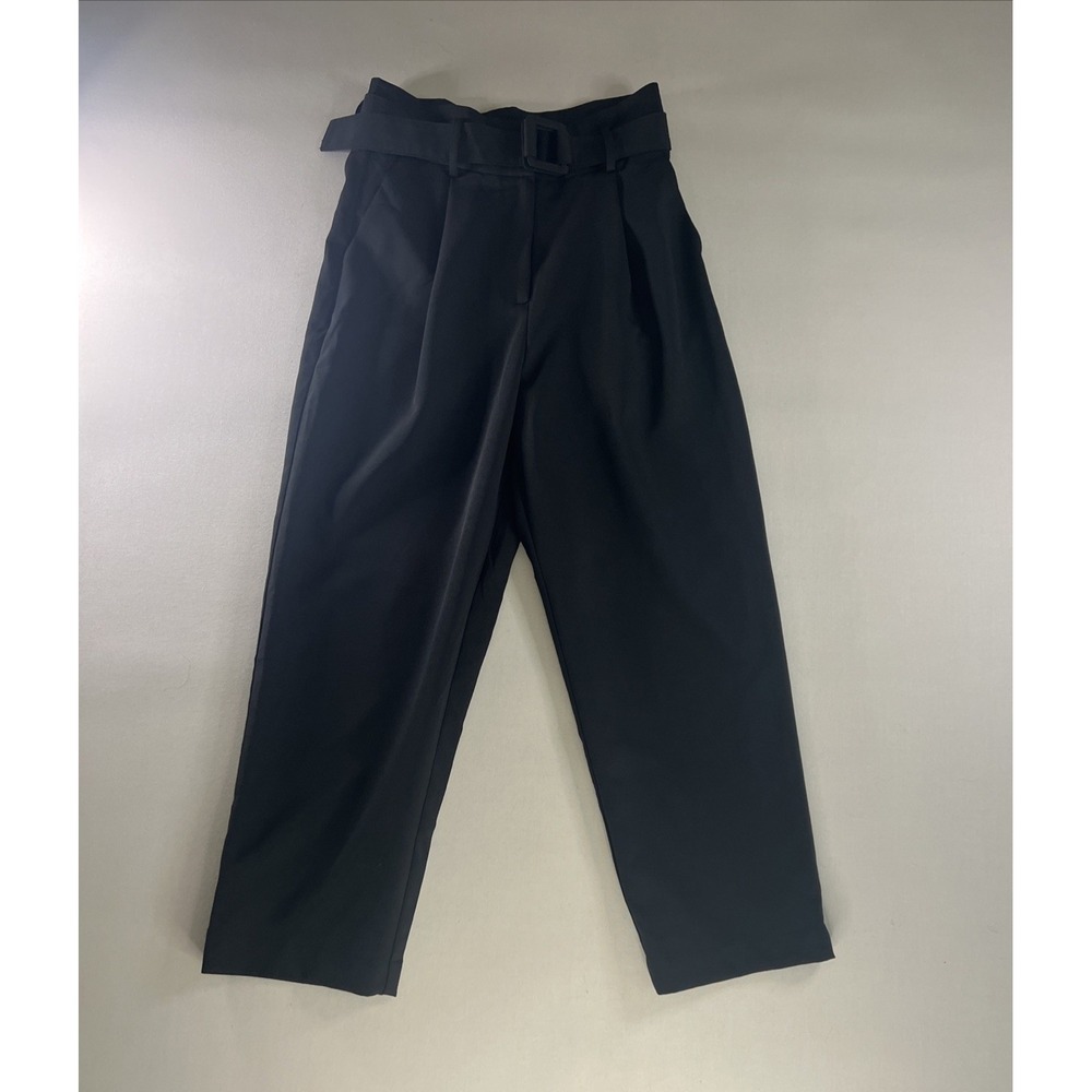 Black High Waisted Belted Pleated Trousers Straight Leg Pants Women Small